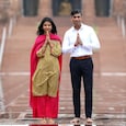 Akshata Murty in pink and mustard salwar suit visits Akshardham Temple with Rishi Sunak.